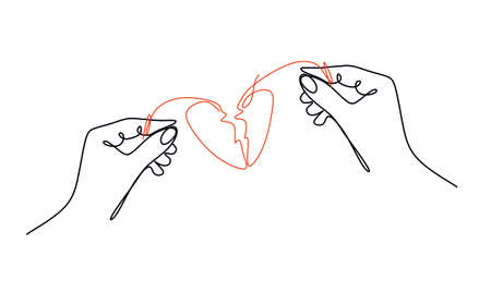continuous drawing of one line of a man's hand and a woman's hand connected by a thin thread in the shape of a broken heart with a large plan ...のイラスト素材