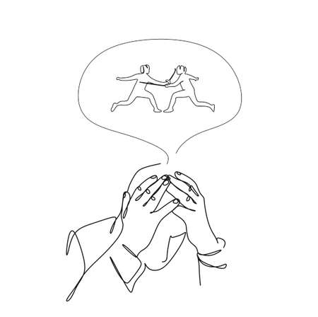 A linear drawing of a man holding his head and thoughts over the head of two fencers with his hands. Internal dialogue with another person. The concept of psychologyの写真素材