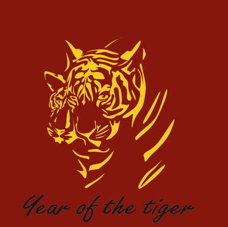 vector drawing of the silhouette of the Chinese tiger in 2022, a simple hand-drawn Asian element for a poster, brochure, banner, calendar, stencil, illustration isolated on a red backgroundの写真素材
