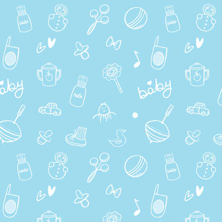 Pattern baby items, great design for any purposes in doodle style on blue background.のイラスト素材
