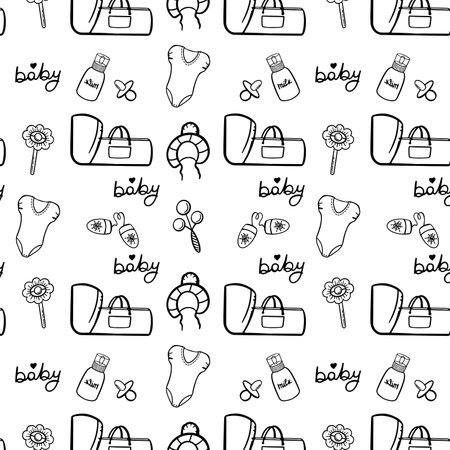 Pattern baby items, great design for any purposes in doodle style on white background.のイラスト素材