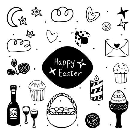 A set of elements for the holiday of Easter in doodle style for various types of decoration, postcards, stickers.のイラスト素材