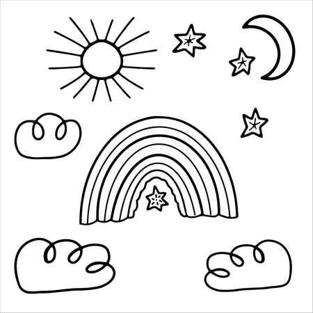 A set of the sun, rainbow, clouds, moon and stars in doodle style for various types of decoration, postcards, stickers.のイラスト素材