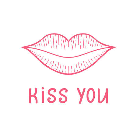 Pink hand drawn text kiss you with cute lips in modern style. Love concept. Postcardのイラスト素材