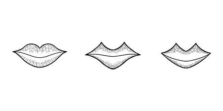 Set of romantic doodle lips on white background for beauty design and postcard decoration. Isolated objects.のイラスト素材