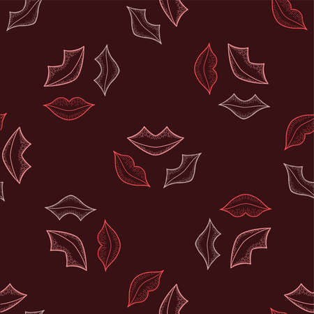Bright pattern with red and pink lips on burgundy background for the design of textiles, bed linen, wrapping paper, cosmetic design.のイラスト素材
