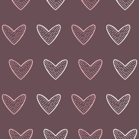 Romantic pattern with doodle hearts on burgundy background for the design of textiles, bed linen,...