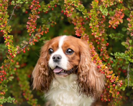Cute cavalier king charles dog with tongue out among barberry leaves and berries. Close up pet portraitの写真素材