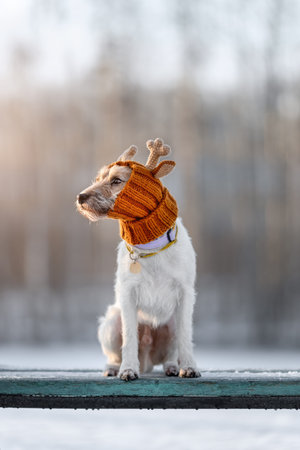 Portrait of young dog of parson russell terrier breed in knitted reindeer hat sitting on bench...