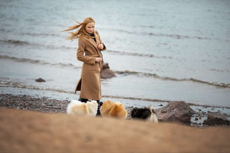 Pretty elegant woman is walking with her dogs of pomeranian spitz breed near sea at nature.の写真素材