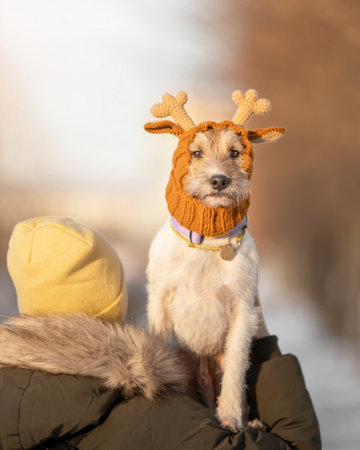 Portrait of young dog of parson russell terrier breed in knitted reindeer hat sitting on owner's shoulder outdoors in winterの写真素材