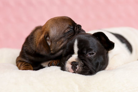 Two cute sleepy puppies of french bulldog lying down on blanket