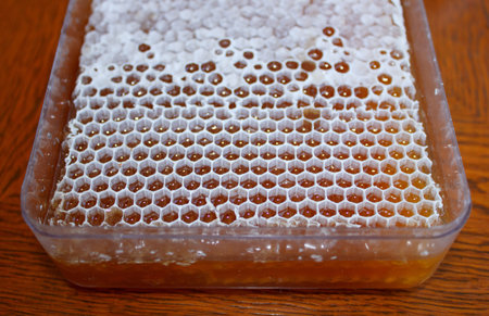 Plasic box with honey in white honeycomb on wooden tableの写真素材