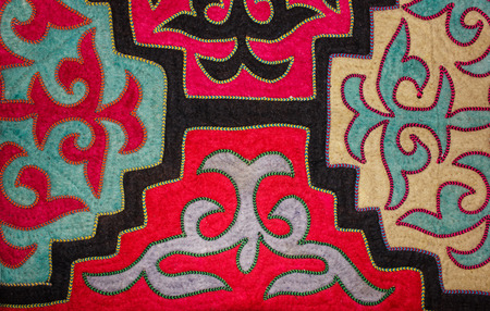 Kazak felt carpet with ornament on the wall of the yurtの写真素材