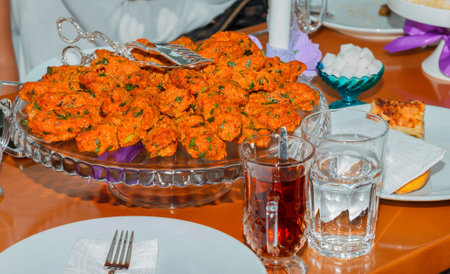 Turkish traditional bulgur meatballs served at the tableの写真素材