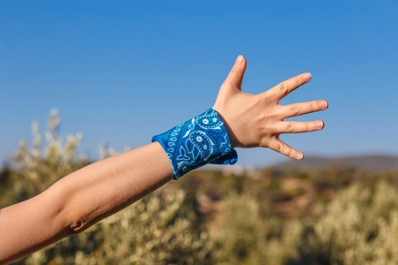 female hand with a blue bandana with palm hand on nature background (bunch of fives)の写真素材