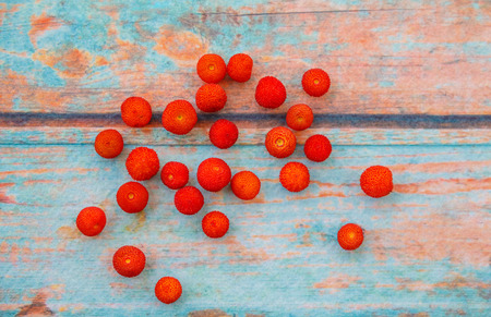Fresh arbutus fruits on  background imitating an old treeの写真素材