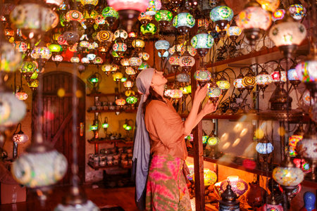 CAPPADOCIA, TURKEY – APRIL 18, 2019: Model with Mosaic Lamps handmade in shope in Cappadocia....