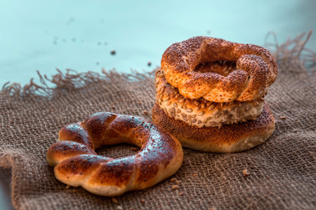 Variety of delicious Turkish bagels with sesame seeds and cereals.の写真素材