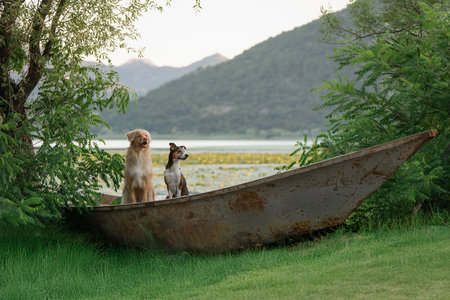 Adorable dogs in boat at sunrise on lake with forest reflection, retriever and tricolor petの写真素材