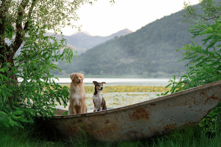 Friendship concept â Toller and small tricolor dog sitting in boat at dawn on lakeの写真素材