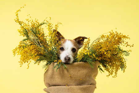 Jack Russell Terrier Portrait Inside Mimosa Flowers Womens Day Conceptの写真素材