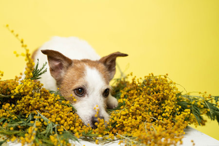 Jack Russell Terrier Resting in Mimosa Flowers March 8 Conceptの写真素材