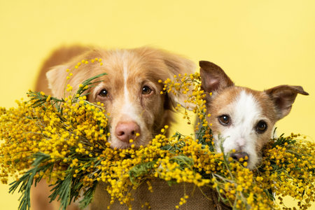 Toller and Jack Russell Terrier Peeking from Mimosa Flowers March 8 Themeの写真素材
