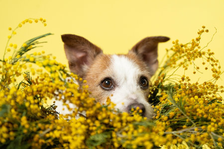 Jack Russell Terrier Close-Up Among Mimosa Flowers for International Womens Dayの写真素材