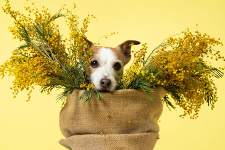 Jack Russell Terrier Surrounded by Mimosa Bouquet Studio Portraitの写真素材