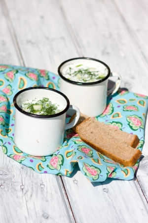 Okroshka  The traditional Russian summer soup and rye bread の写真素材