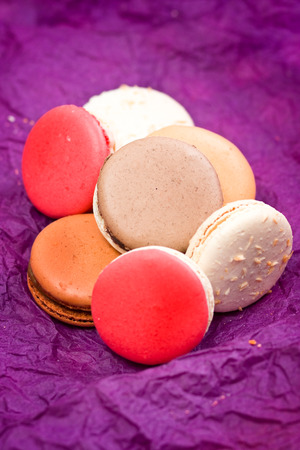 French colorful macarons on violet backgroundの写真素材