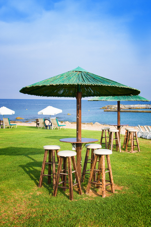 Public beach with sunbeds in the morning. Paphos. Cyprusの写真素材