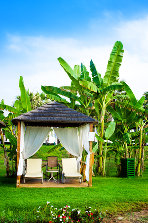 Gazebo on Mediterranean beach in summerの写真素材