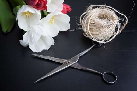 Tulips, scissors and rope on black backgroundの写真素材