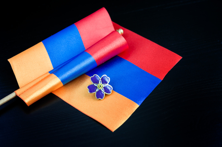 Forget-me-not- symbol of centennial of Armenian Genocide in Ottoman Empire- and flag of Armenia. Day of Remembrance of Victims of announced on April 24の写真素材