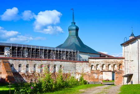 Tower and wall of Kirillo-Belozersky monastery near City Kirillov, Vologda region, Russiaの写真素材
