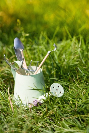 Watering can and garden tools on grassの写真素材