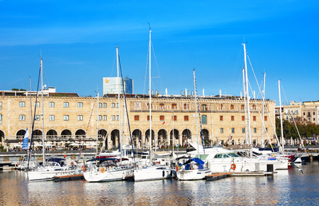Barcelona, Spain - January 19, 2019: Museum of History of Catalonia (MHC) or Museu de Historia de Catalunya and yachts, Barcelona, Cataloniaのeditorial素材