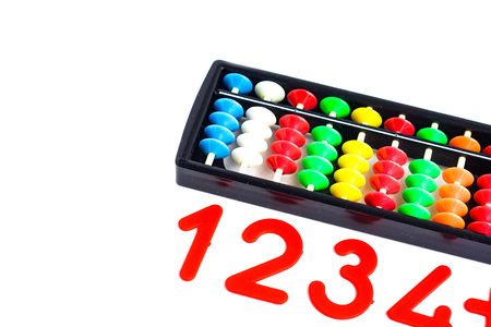 Japanese traditional calculator abacus and numbers on whiteの写真素材