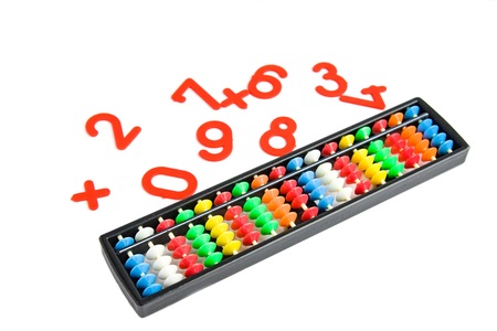 Japanese traditional calculator abacus and numbers on whiteの写真素材