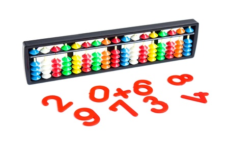 Japanese traditional calculator abacus and numbers on whiteの写真素材