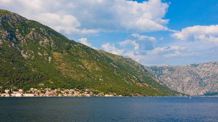 Bay of Kotor, in summer day. Perast and mountains far away. Montenegro