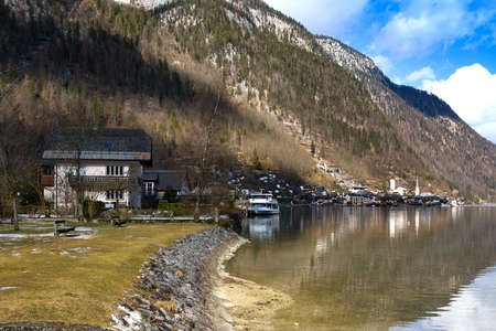 Beautiful view of houses at small historical village Hallstatt.    site, old European architecture. It is famous tourist attraction in Salzkammergut regionの写真素材