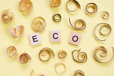 Curled shavings and word eco on yellow. Eco toys. Save the forests, awareness concept. Environmentally friendly investments. Sawdust of woodworking industryの写真素材