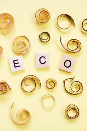 Curled shavings and word eco on yellow. Eco toys. Save the forests, awareness concept. Environmentally friendly investments. Sawdust of woodworking industryの写真素材