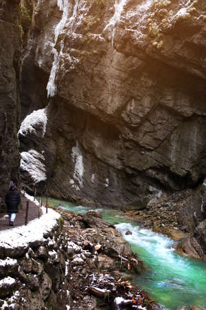 Snow-covered icicles at Partnachklamm, famous tourist destination. Partnachklamm in Garmisch-Partenkirchen, Bavariaの写真素材