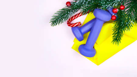 Christmas fitness. Healthy and active lifestyles greeting card concept. Purple dumbbells, yellow rubber band, candy and fir-tree on pinkの写真素材