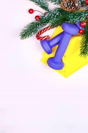Christmas fitness. Healthy and active lifestyles greeting card concept. Purple dumbbells, yellow rubber band, candy and fir-tree on pinkの写真素材