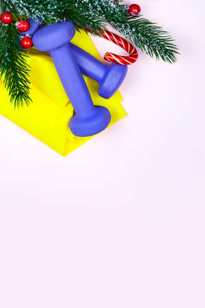 Christmas fitness. Healthy and active lifestyles greeting card concept. Purple dumbbells, yellow rubber band, candy and fir-tree on pinkの写真素材